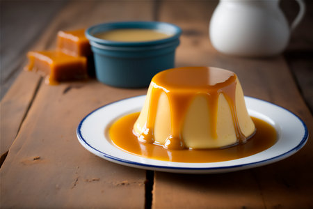 Homemade creamy condensed milk pudding topped with caramel sauce on white plate over rustic wooden table. AI generated. front viewの素材