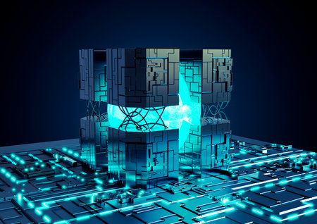 Motherboard futuristic neon lights technology background. AI Central Computer Processors CPU and GPU...