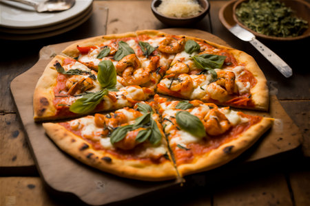 Delicious homemade whole shrimp pizza on a rustic wooden table. AI generated. Selective focus. closeupの素材