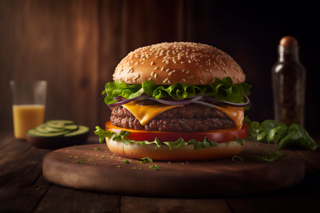 Tasty homemade hamburger on rustic wooden table. Copy space. Advertising. AI generated. Fast food snack. Junk foodの素材