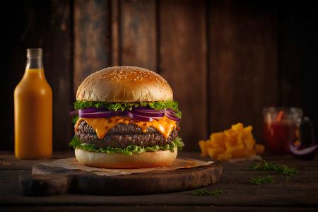 Tasty homemade hamburger on rustic wooden table. Copy space. Advertising. AI generated. Fast food snack. Junk foodの素材