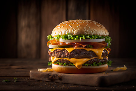 Tasty homemade hamburger on rustic wooden table. Copy space. Advertising. AI generated. Fast food snack. Junk foodの素材