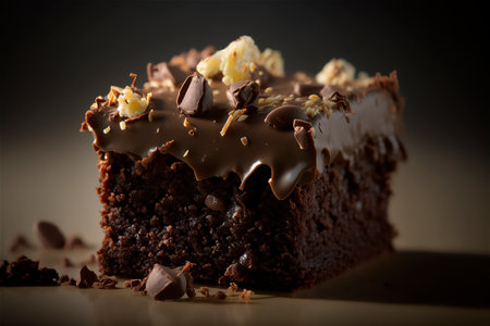 Delicious homemade chocolate brownie isolated on dark background. AI generated. Selective focus. closeupの素材