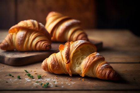 Delicious homemade croissants on rustic wooden kitchen table. AI generated. close-up viewの素材