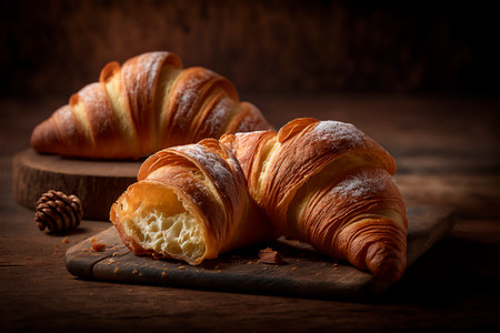 Delicious homemade croissants on rustic wooden kitchen table. AI generated. close-up viewの素材