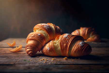 Delicious homemade croissants on rustic wooden kitchen table. AI generated. close-up viewの素材