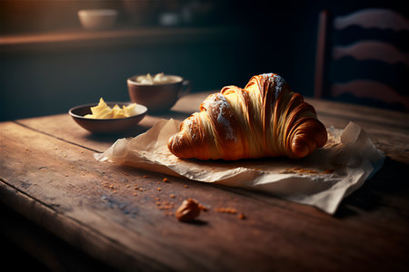 Delicious homemade croissants on rustic wooden kitchen table. AI generated. close-up viewの素材