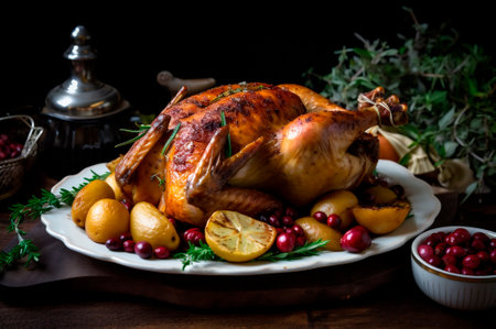 Juicy roasted chicken with vegetables in baking dish over decorated rustic wooden table. AI generated. closeupの素材