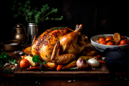 Juicy roasted chicken with vegetables in baking dish over decorated rustic wooden table. AI generated. closeupの素材