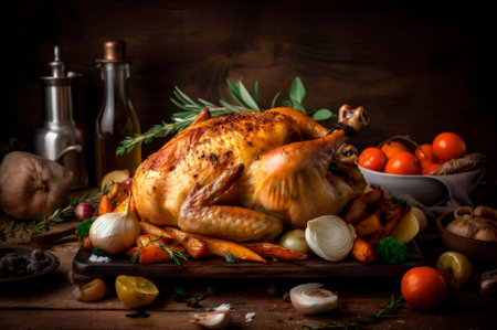 Juicy roasted chicken with vegetables in baking dish over decorated rustic wooden table. AI generated. closeupの素材