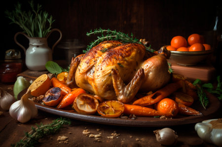 Juicy roasted chicken with vegetables in baking dish over decorated rustic wooden table. AI generated. closeupの素材