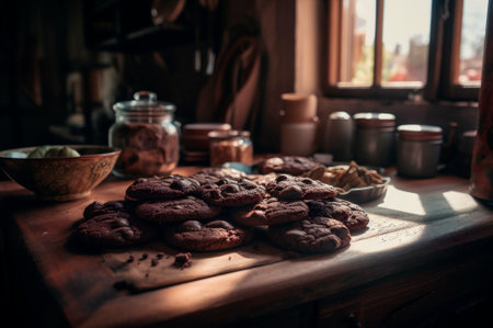 Delicious homemade chocolates cookies on rustic wooden table. AI generated. closeupの素材
