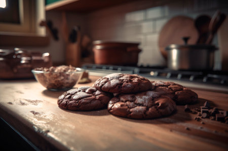 Delicious homemade chocolates cookies on rustic wooden table. AI generated. closeupの素材