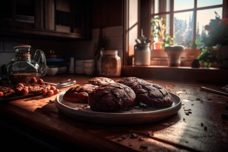 Delicious homemade chocolates cookies on rustic wooden table. AI generated. closeupの素材