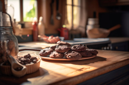Delicious homemade chocolates cookies on rustic wooden table. AI generated. closeupの素材