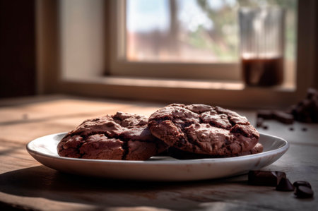 Delicious homemade chocolates cookies on rustic wooden table. AI generated. closeupの素材