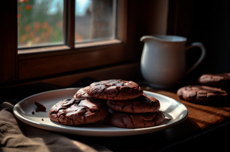 Delicious homemade chocolates cookies on rustic wooden table. AI generated. closeupの素材