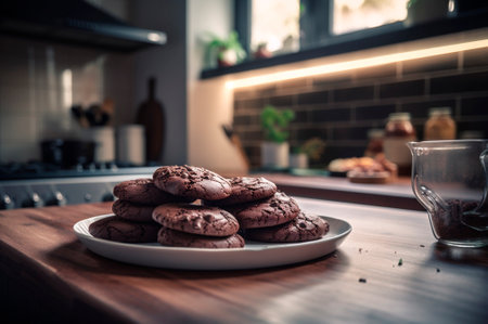 Delicious homemade chocolates cookies on rustic wooden table. AI generated. closeupの素材