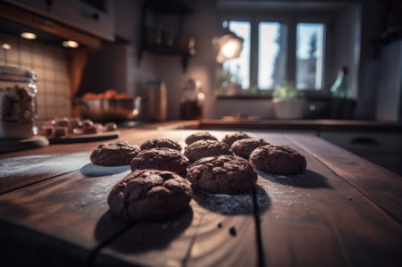 Delicious homemade chocolates cookies on rustic wooden table. AI generated. closeupの素材