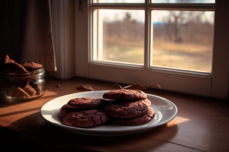Delicious homemade chocolates cookies on rustic wooden table. AI generated. closeupの素材