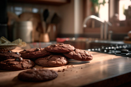 Delicious homemade chocolates cookies on rustic wooden table. AI generated. closeupの素材