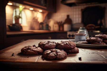 Delicious homemade chocolates cookies on rustic wooden table. AI generated. closeupの素材