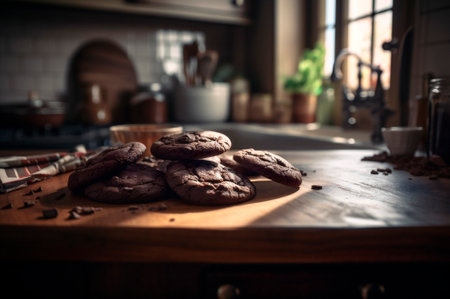 Delicious homemade chocolates cookies on rustic wooden table. AI generated. closeupの素材