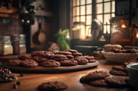 Delicious homemade chocolates cookies on rustic wooden table. AI generated. closeupの素材