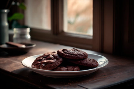Delicious homemade chocolates cookies on rustic wooden table. AI generated. closeupの素材