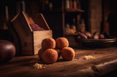 Delicious homemade croquettes on wooden table in rustic kitchen background. AI generated. closeupの素材