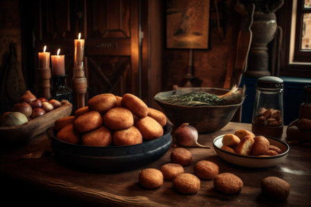 Delicious homemade croquettes on wooden table in rustic kitchen background. AI generated. closeupの素材