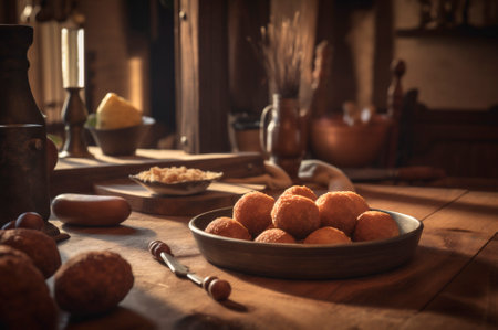 Delicious homemade croquettes on wooden table in rustic kitchen background. AI generated. closeupの素材