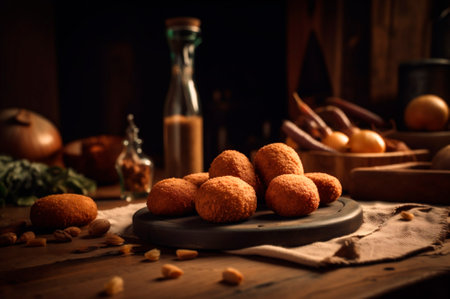 Delicious homemade croquettes on wooden table in rustic kitchen background. AI generated. closeupの素材