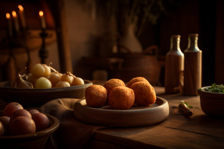 Delicious homemade croquettes on wooden table in rustic kitchen background. AI generated. closeupの素材