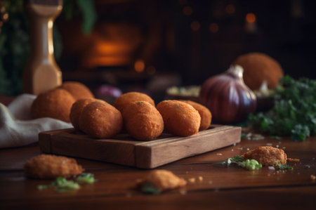 Delicious homemade croquettes on wooden table in rustic kitchen background. AI generated. closeupの素材