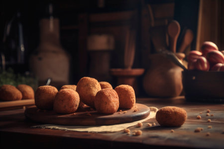 Delicious homemade croquettes on wooden table in rustic kitchen background. AI generated. closeupの素材