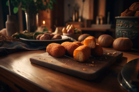 Delicious homemade croquettes on wooden table in rustic kitchen background. AI generated. closeupの素材
