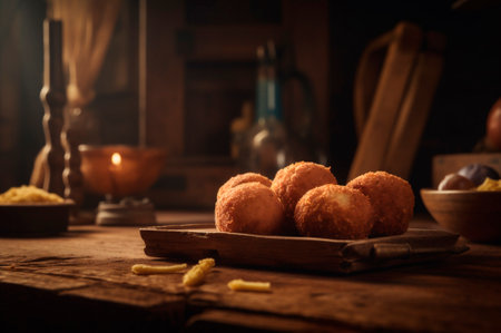 Delicious homemade croquettes on wooden table in rustic kitchen background. AI generated. closeupの素材