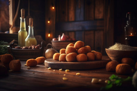 Delicious homemade croquettes on wooden table in rustic kitchen background. AI generated. closeupの素材
