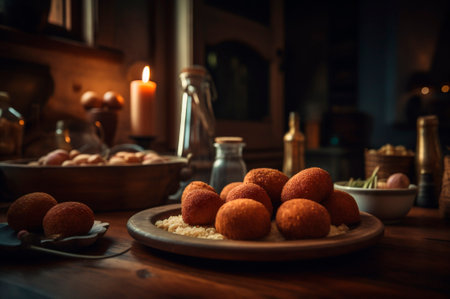 Delicious homemade croquettes on wooden table in rustic kitchen background. AI generated. closeupの素材