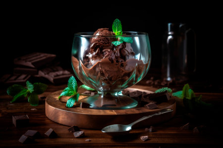 Gourmet chocolate ice cream in glass bowl on ice cream parlor table. rustic wood. AI generated. frozen dessert. front viewの素材