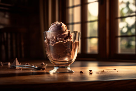 Gourmet chocolate ice cream in glass bowl on ice cream parlor table. rustic wood. AI generated. frozen dessert. front viewの素材