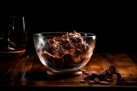 Gourmet chocolate ice cream in glass bowl on ice cream parlor table. rustic wood. AI generated. frozen dessert. front viewの素材