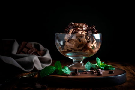 Gourmet chocolate ice cream in glass bowl on ice cream parlor table. rustic wood. AI generated. frozen dessert. front viewの素材