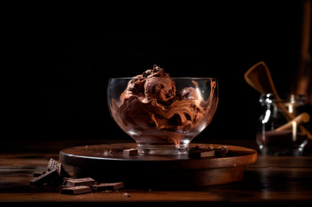 Gourmet chocolate ice cream in glass bowl on ice cream parlor table. rustic wood. AI generated. frozen dessert. front viewの素材