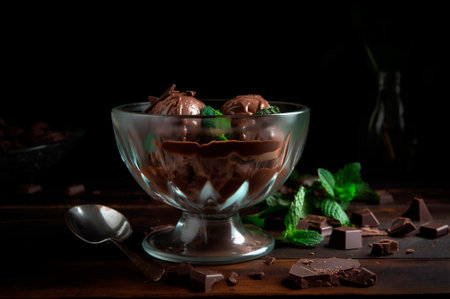 Gourmet chocolate ice cream in glass bowl on ice cream parlor table. rustic wood. AI generated. frozen dessert. front viewの素材