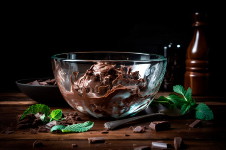 Gourmet chocolate ice cream in glass bowl on ice cream parlor table. rustic wood. AI generated. frozen dessert. front viewの素材