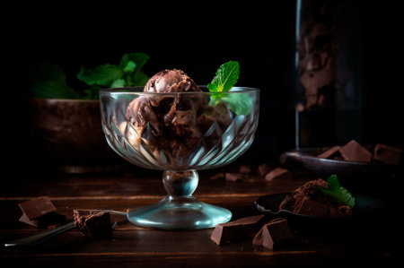 Gourmet chocolate ice cream in glass bowl on ice cream parlor table. rustic wood. AI generated. frozen dessert. front viewの素材