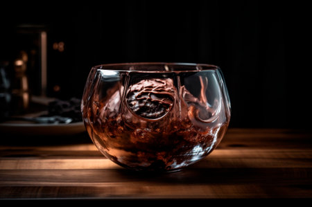 Gourmet chocolate ice cream in glass bowl on ice cream parlor table. rustic wood. AI generated. frozen dessert. front viewの素材