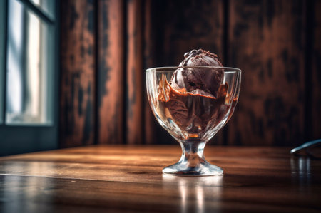 Gourmet chocolate ice cream in glass bowl on ice cream parlor table. rustic wood. AI generated. frozen dessert. front viewの素材